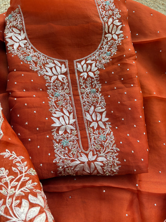 Rust kora silk hand embroidery suit set