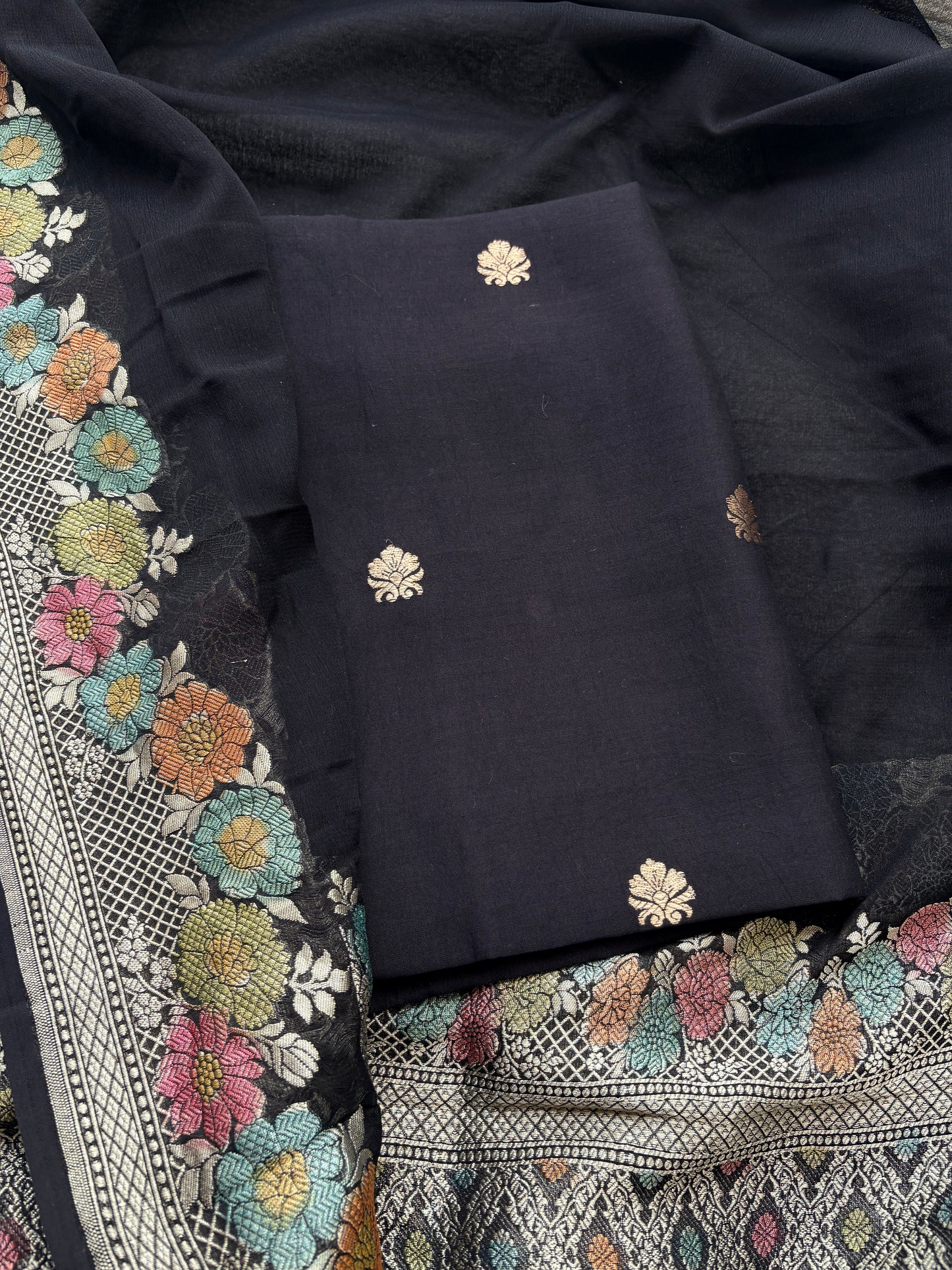 Black Chiniya silk suit set with Khaddi georgette meenadar dupatta