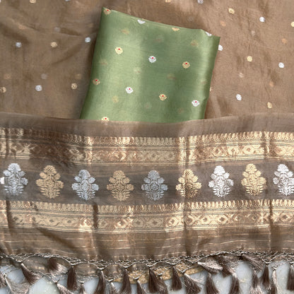 Olive green kurta with brown kora dupatta