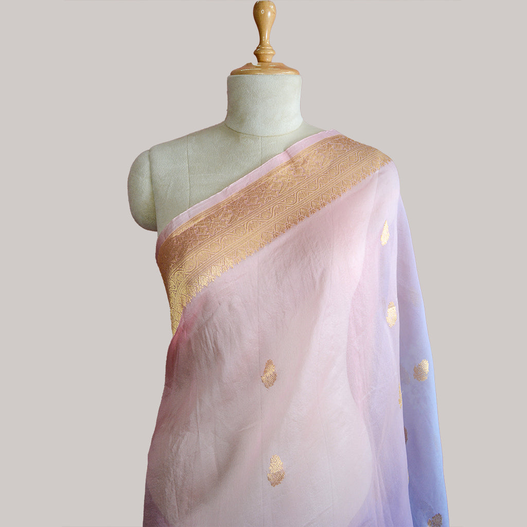 Blue pink shaded kora silk saree