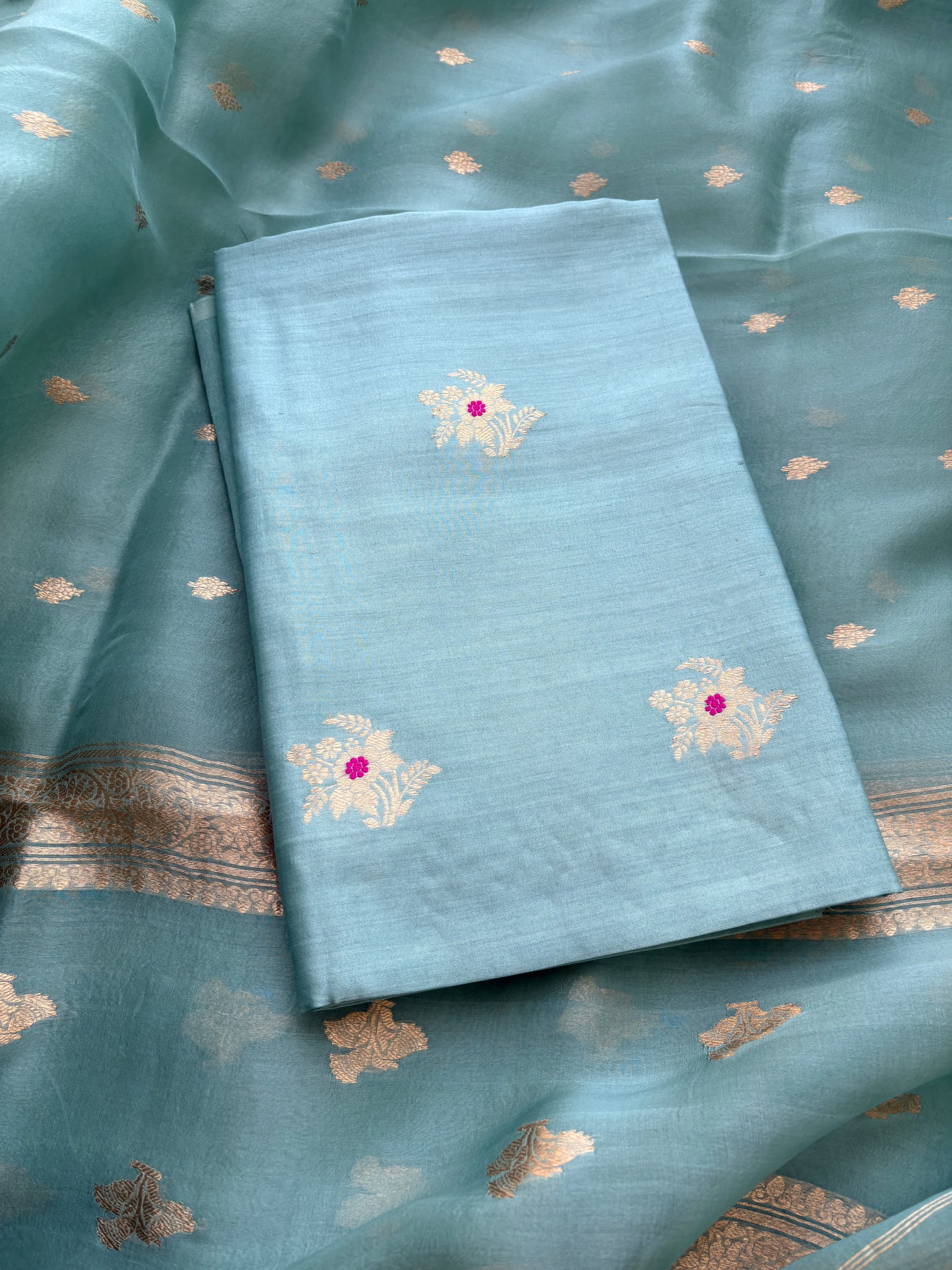 Blue Chiniya silk kora silk kadhwa suit set
