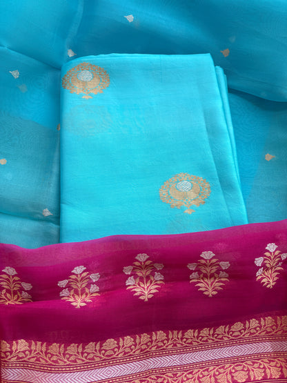 Blue Chiniya silk kora kadhwa suit set