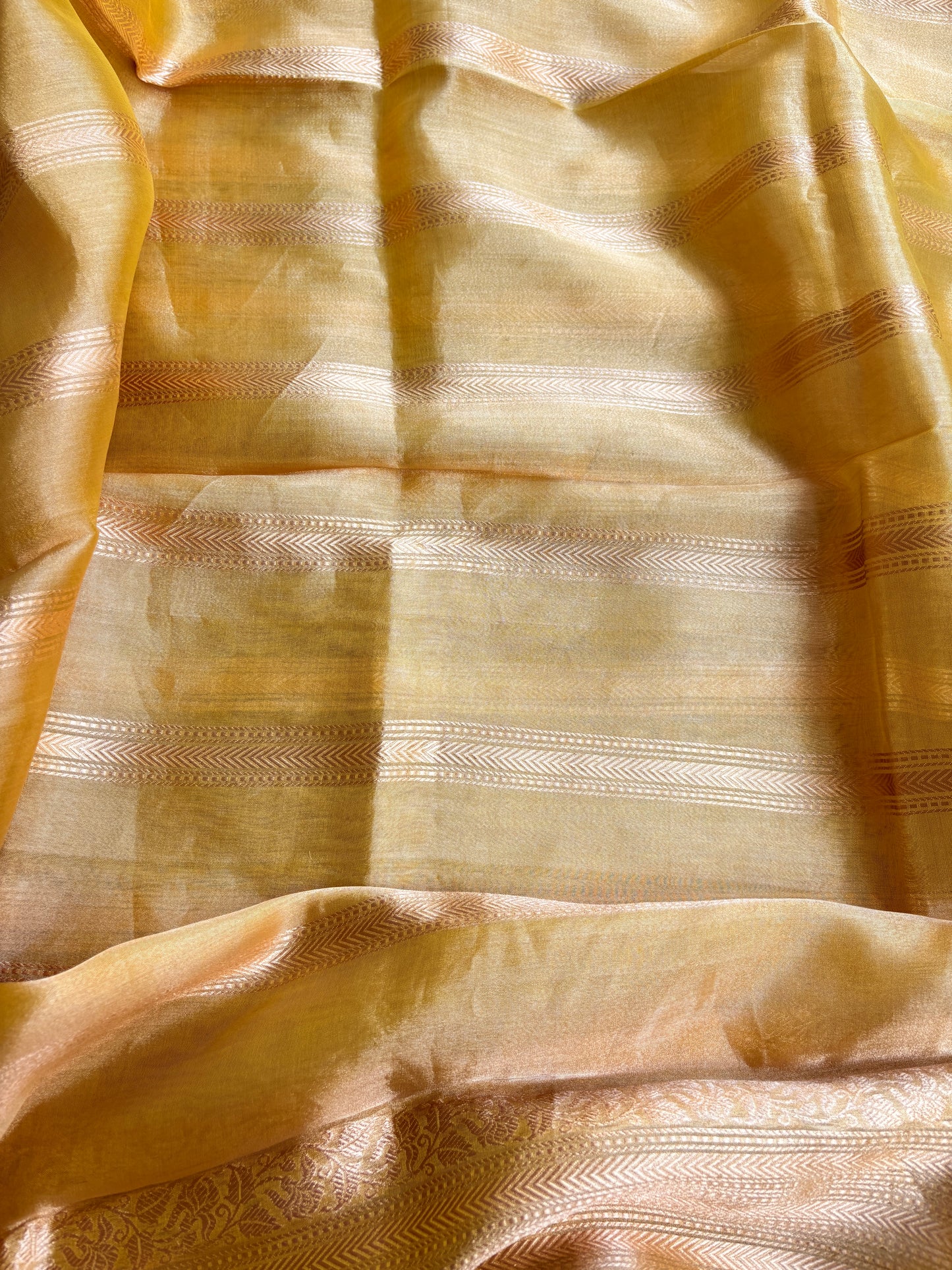 Lime yellow moonga silk kurta, bottom and tissue kadhwa dupatta