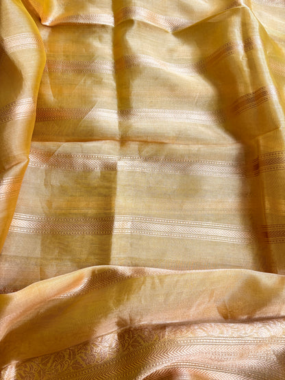 Lime yellow moonga silk kurta, bottom and tissue kadhwa dupatta
