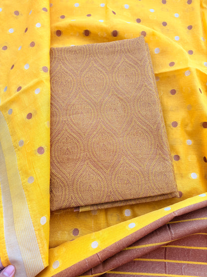 Yellow brocade cotton tissue suit set