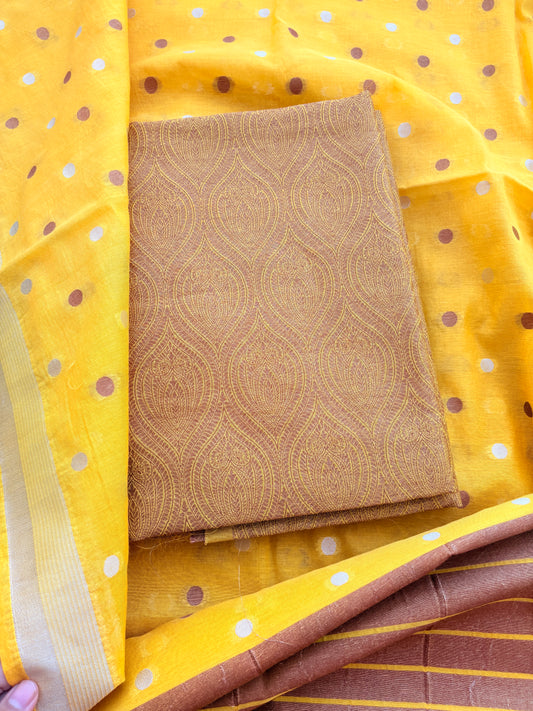 Yellow brocade cotton tissue suit set