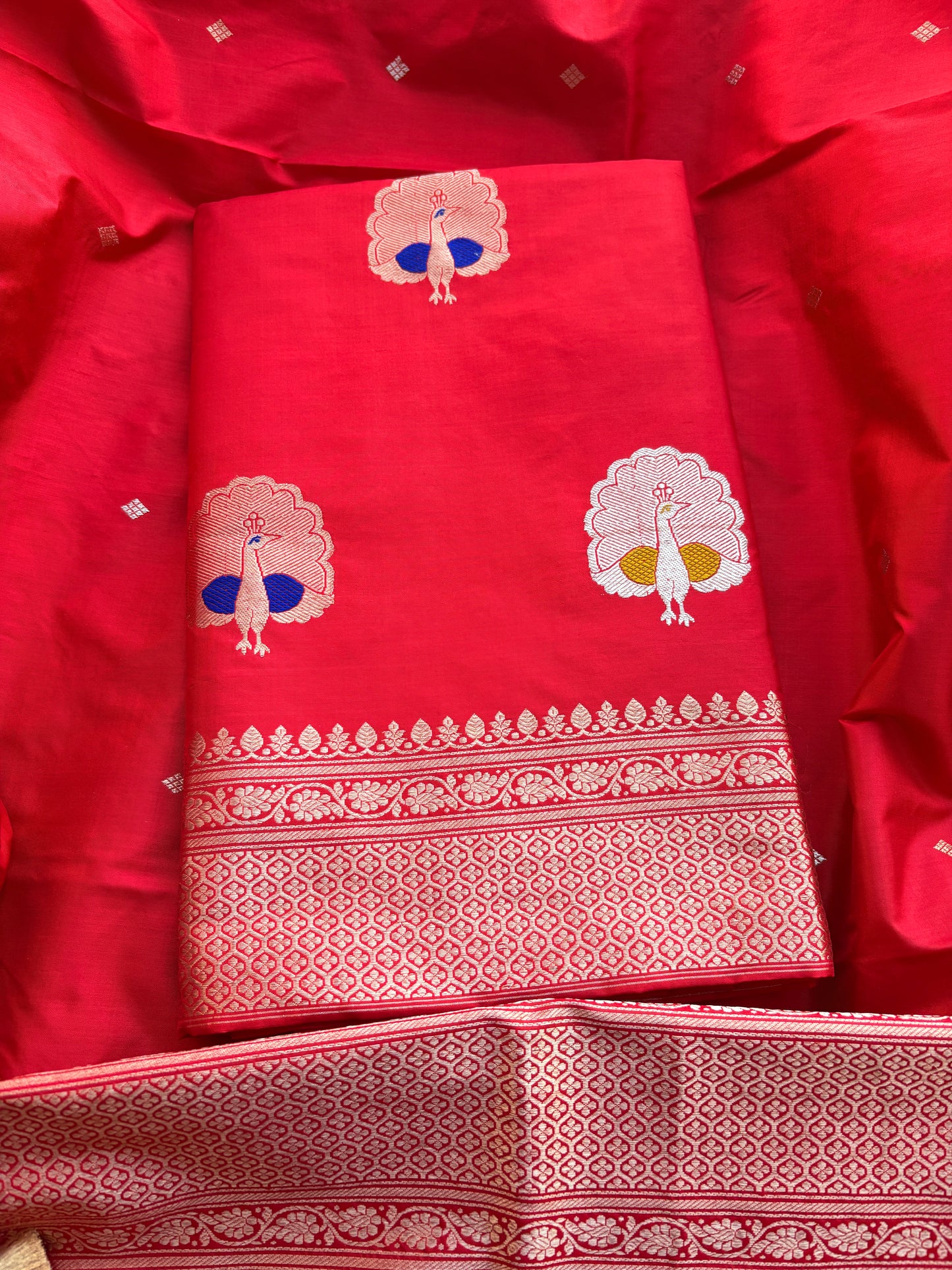 Red katan by katan silk kadhwa suit set
