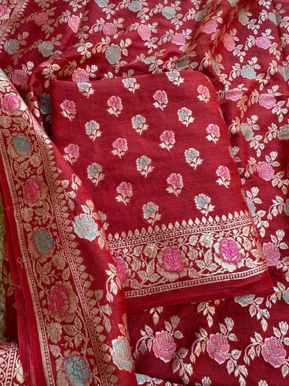 Red jaal meenadar moonga silk suit set