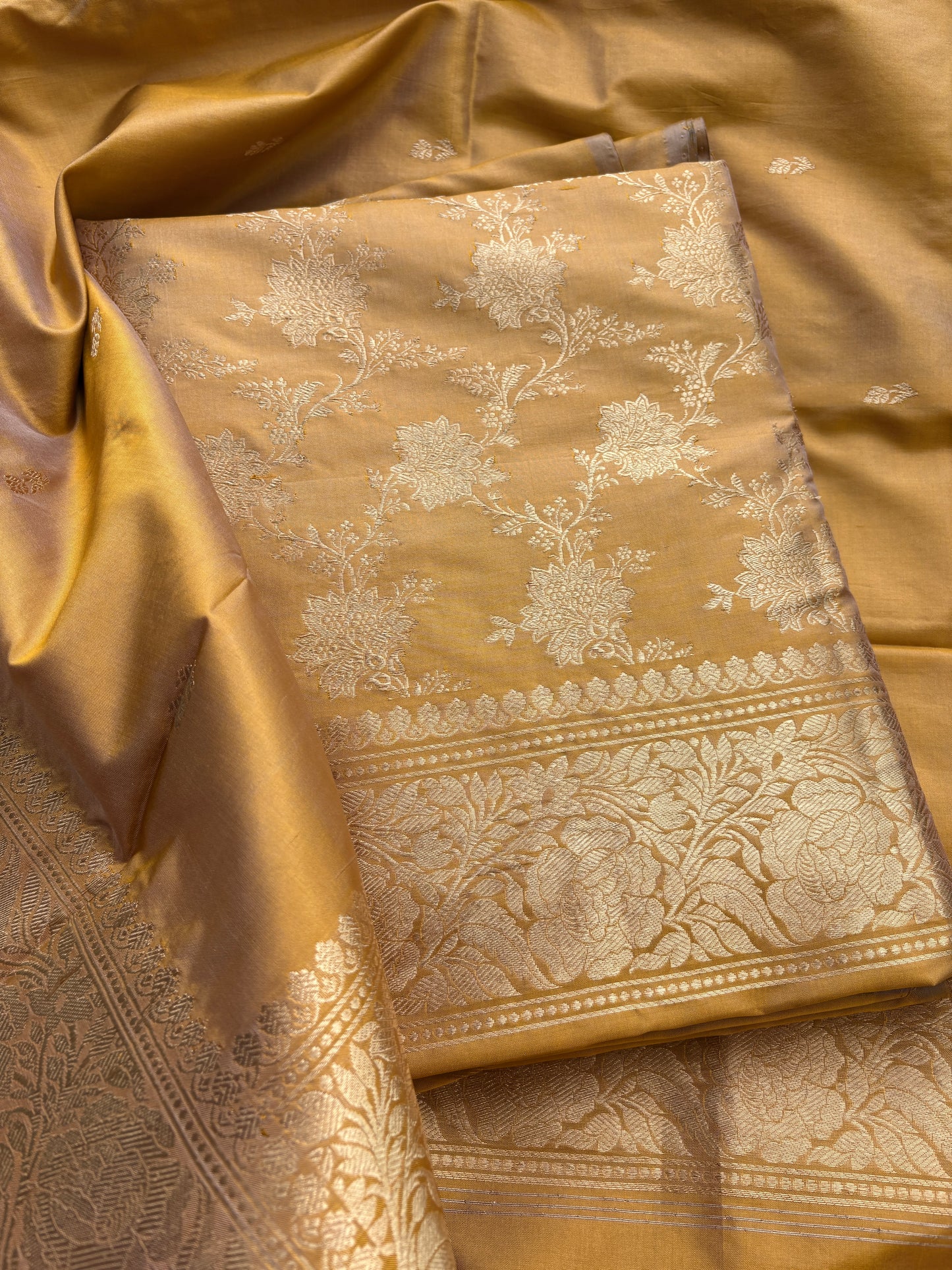 Mustard yellow dhoop chau katan silk suit set