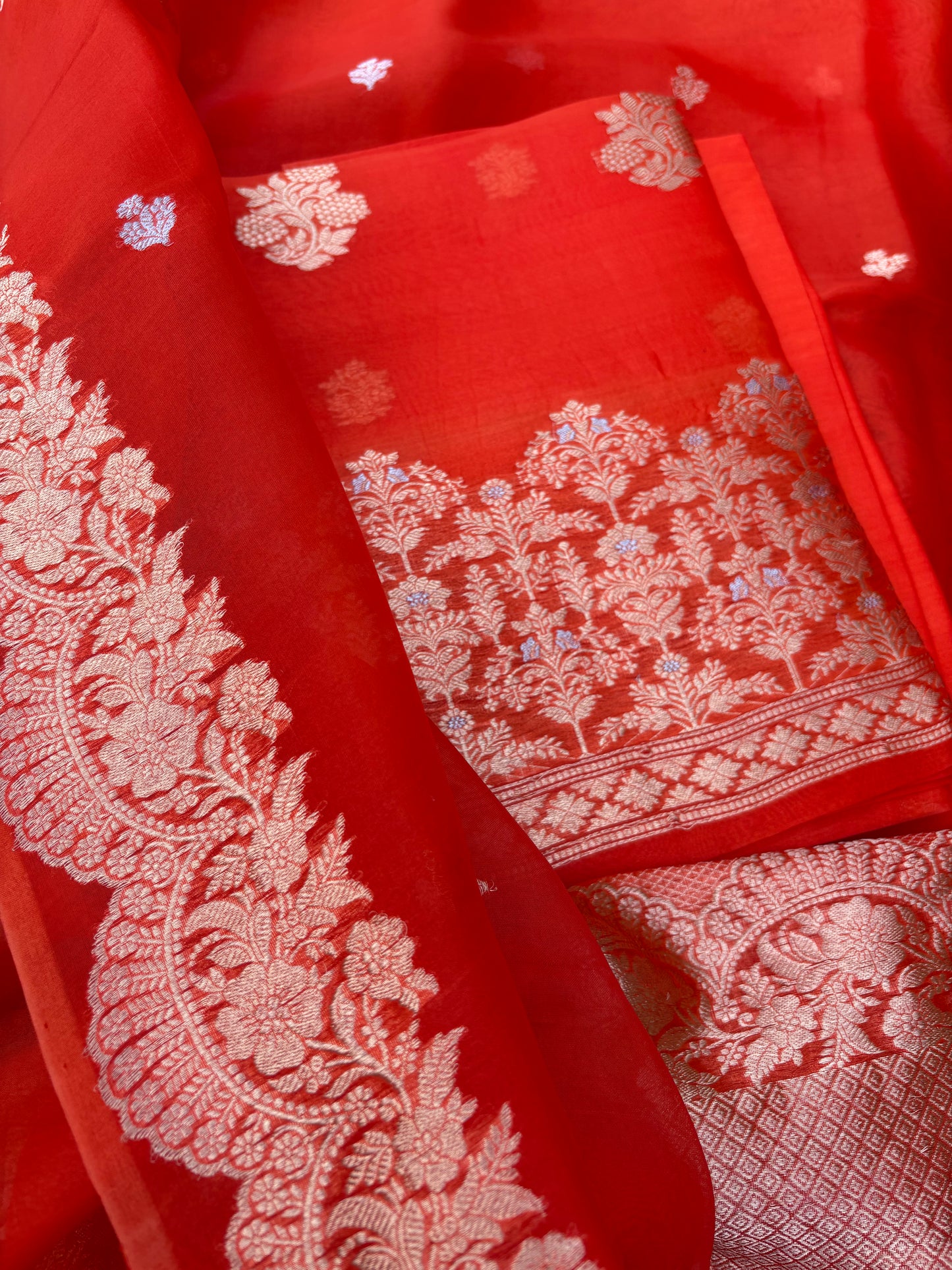 Orange kora kadhwa silk suit set