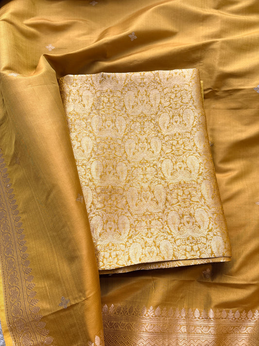 Mustard Katan brocade silk suit set