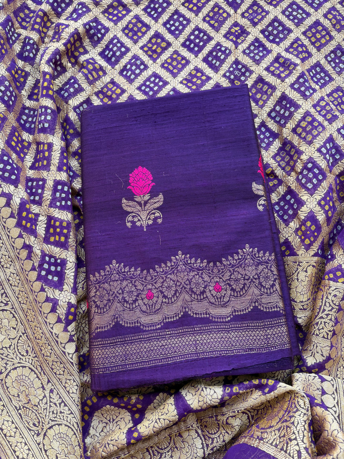 Purple raw silk kadhwa suit with Khaddi georgette dupatta