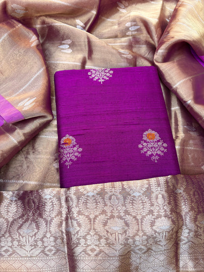Purple raw silk kurta,bottom, kadhwa tissue dupatta