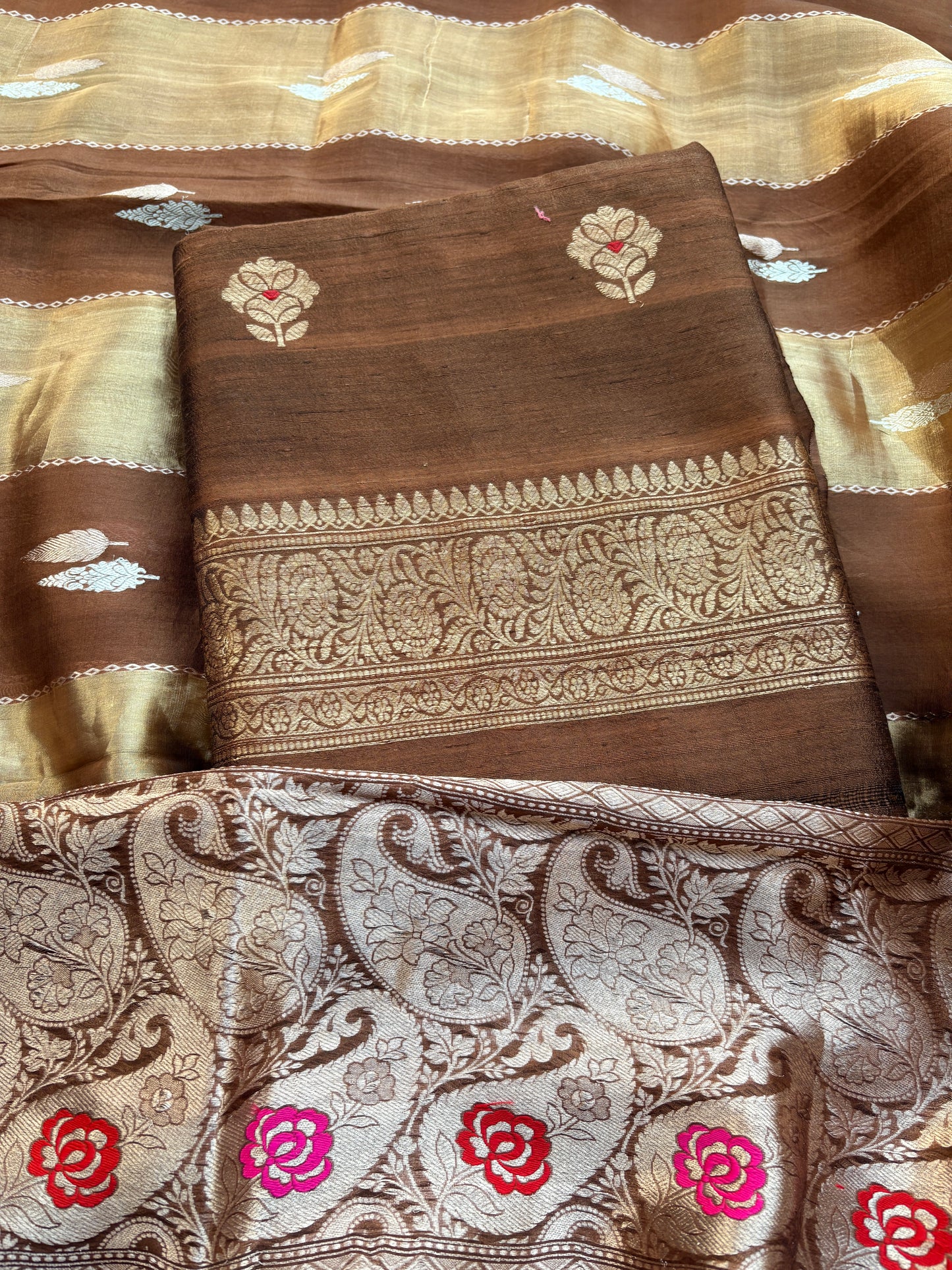 Brown raw silk suit set with kora tissue dupatta