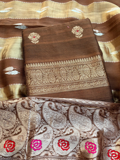 Brown raw silk suit set with kora tissue dupatta