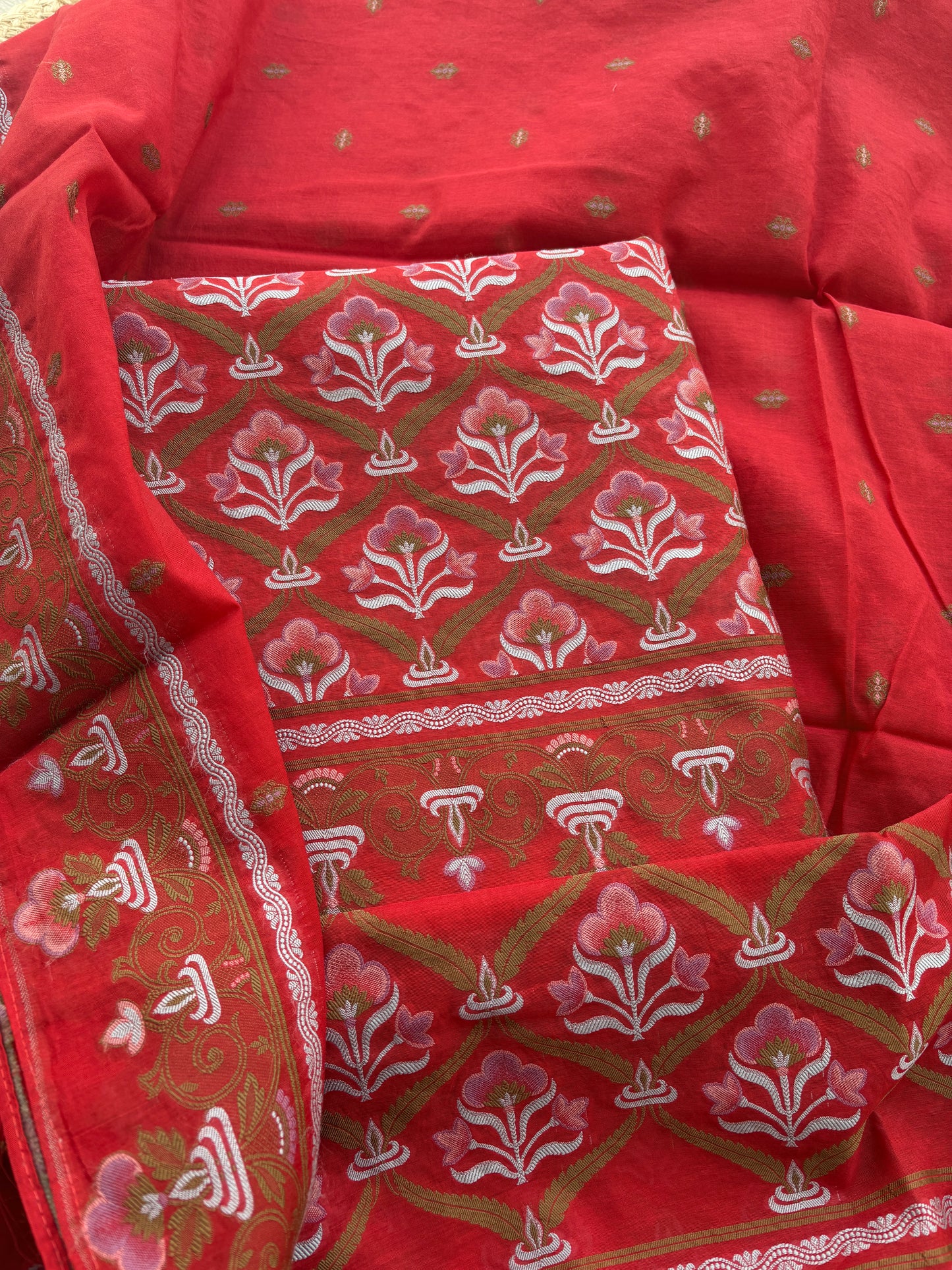 Red Chanderi brocade weaving suit set