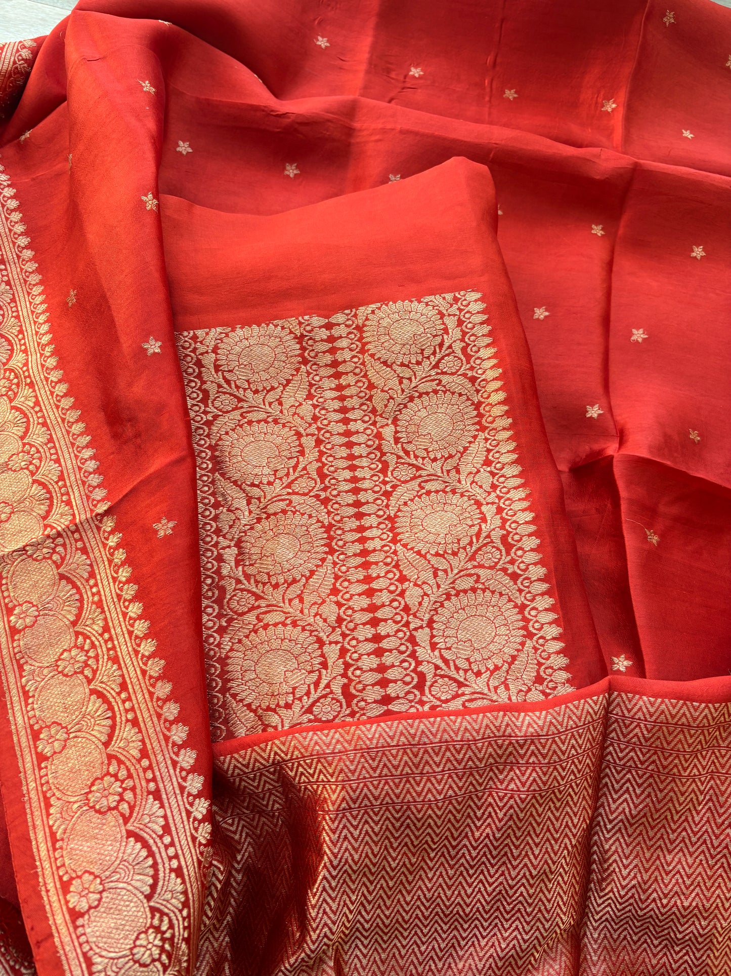 Orange rust raw mango neck design suit set