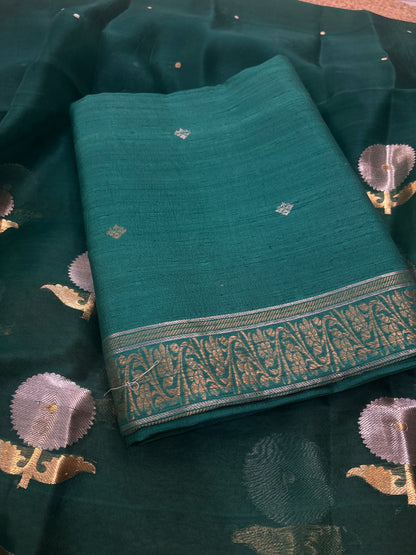 Green raw silk suit with kora silk suit set