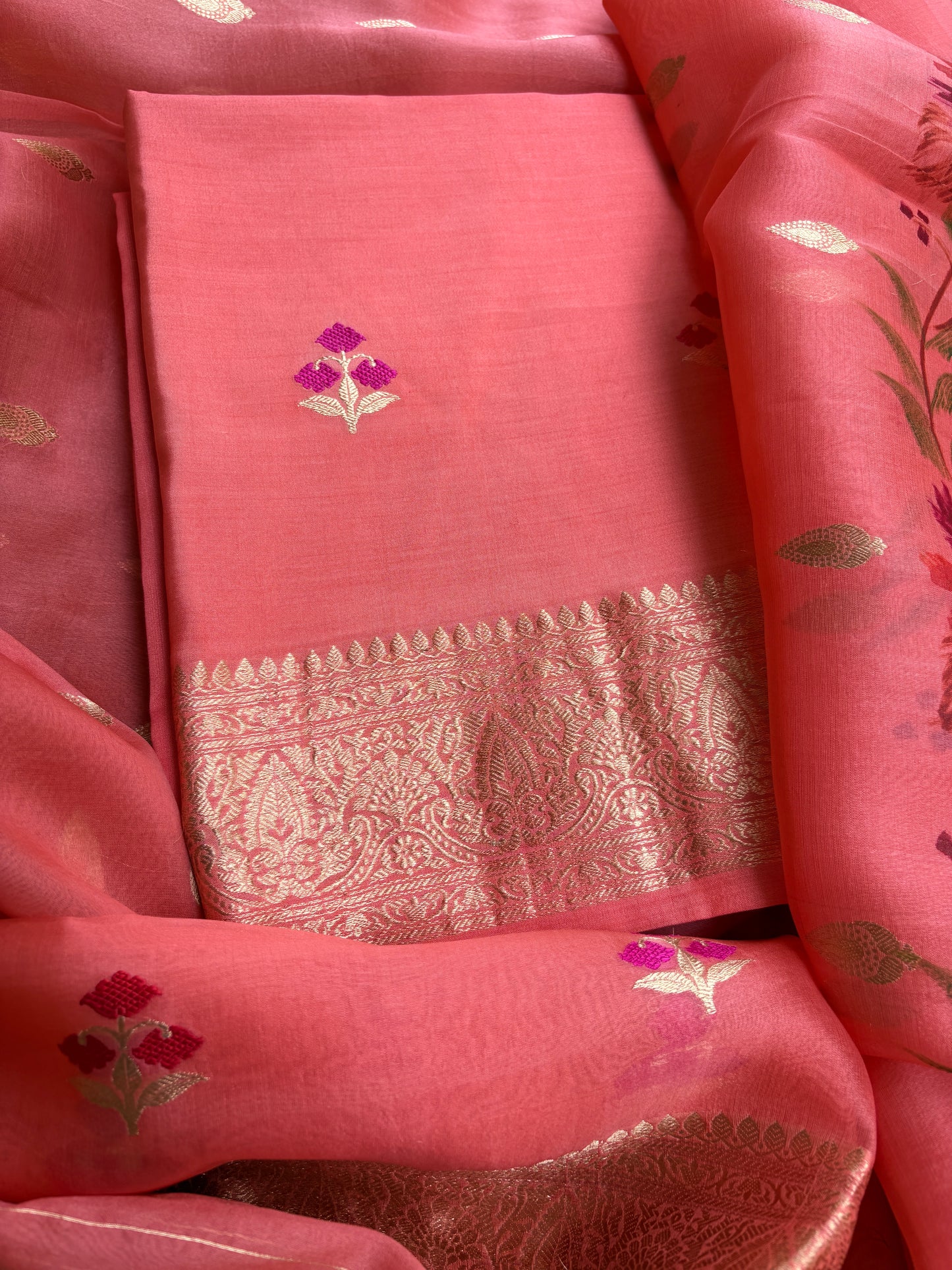 Peach Chiniya kora silk suit ( hand brushed border)