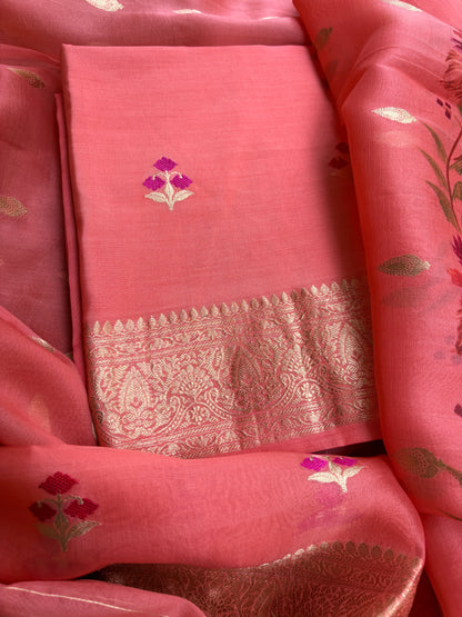 Peach Chiniya kora silk suit ( hand brushed border)