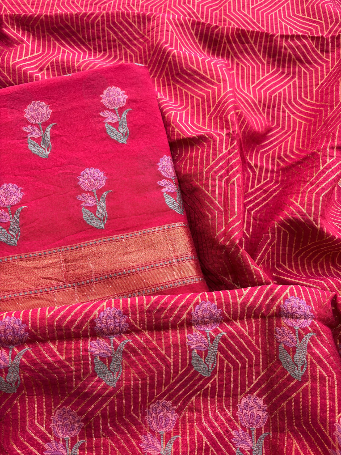 Rani red Chanderi flower weaving suit set