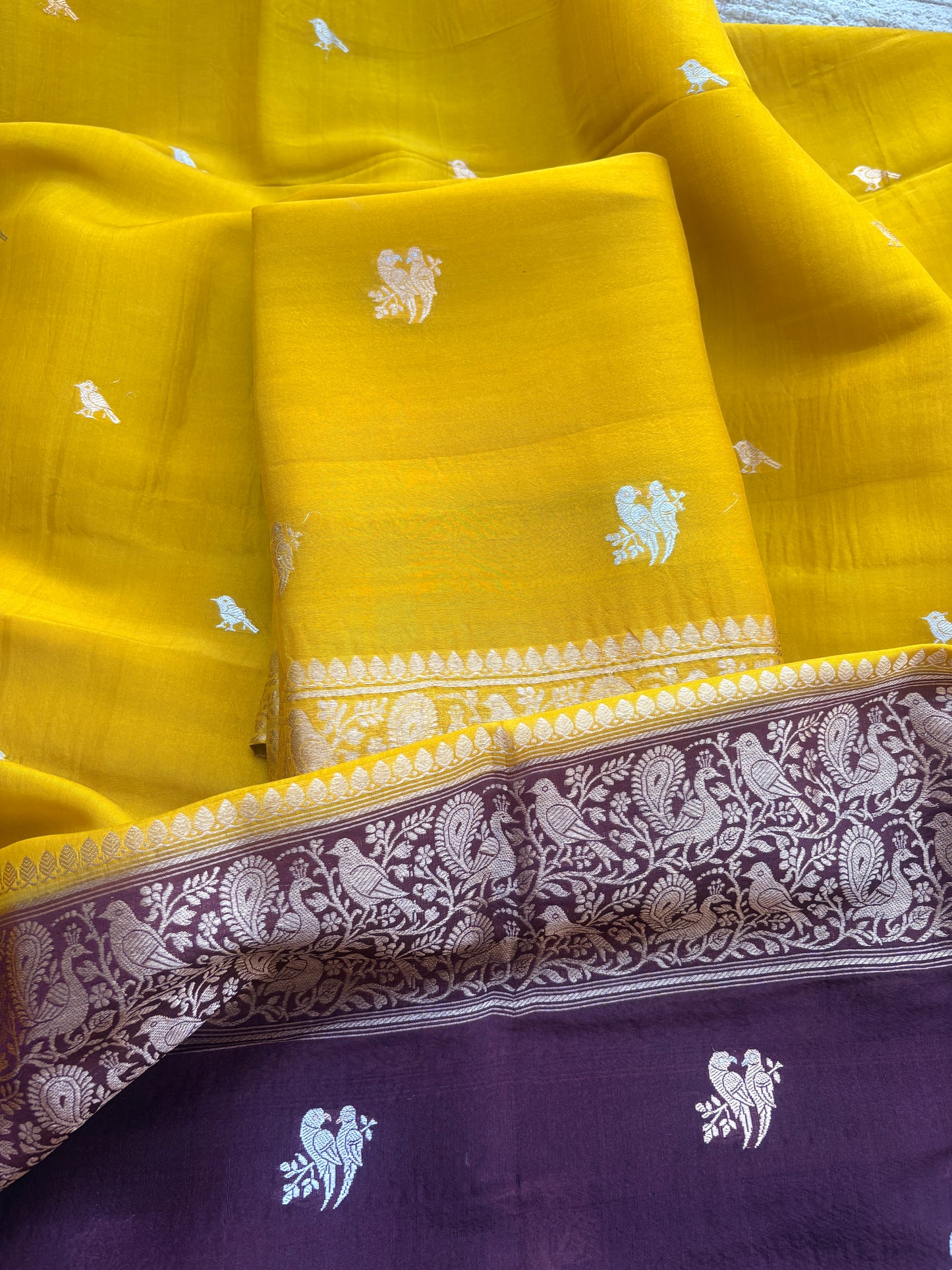 Mustard Kora silk suit set with shaded dupatta