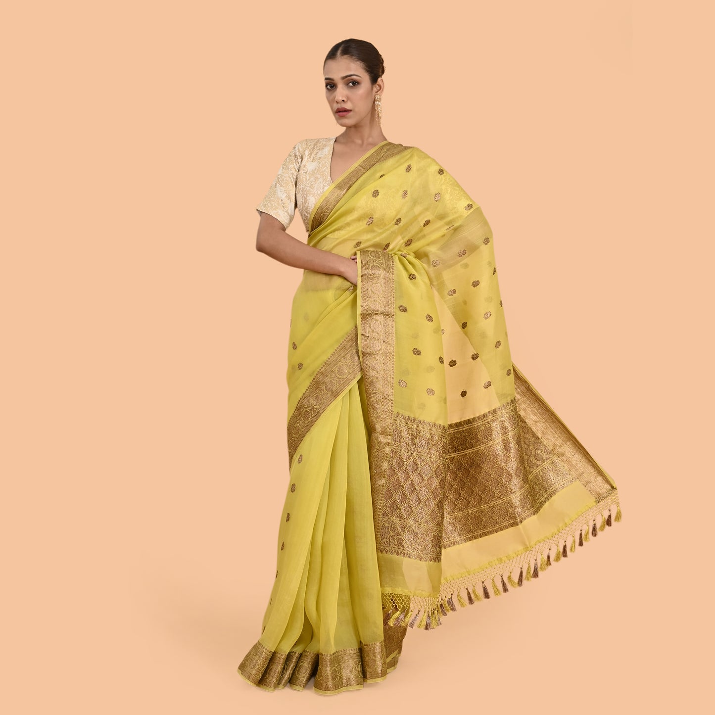 Yellow kora silk rust zari saree