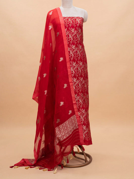 Red brocade handwoven suit set