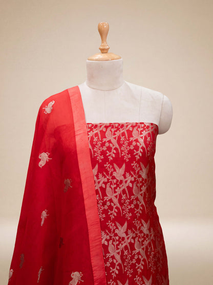 Red brocade handwoven suit set