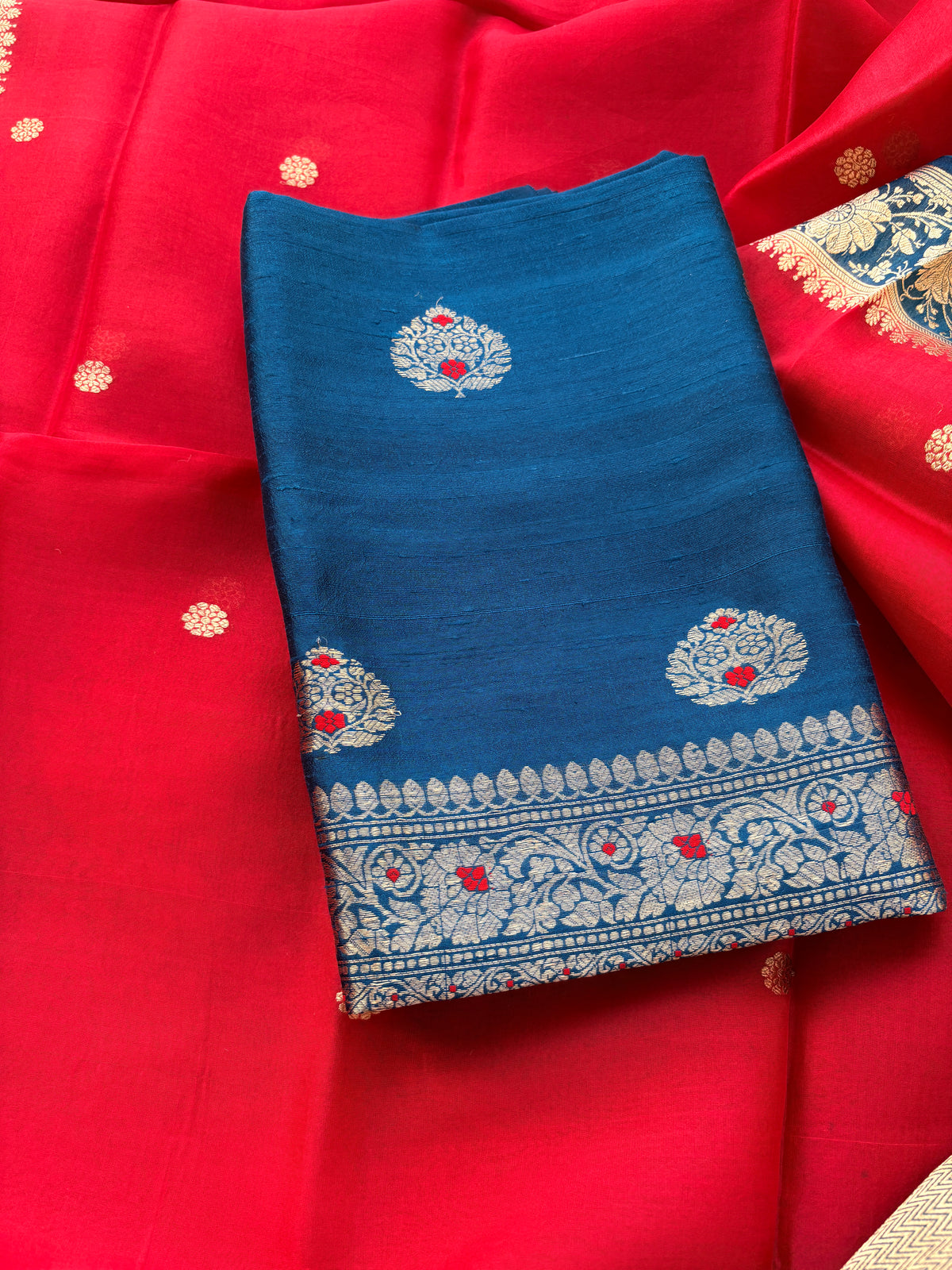 Blue red tussar silk suit set