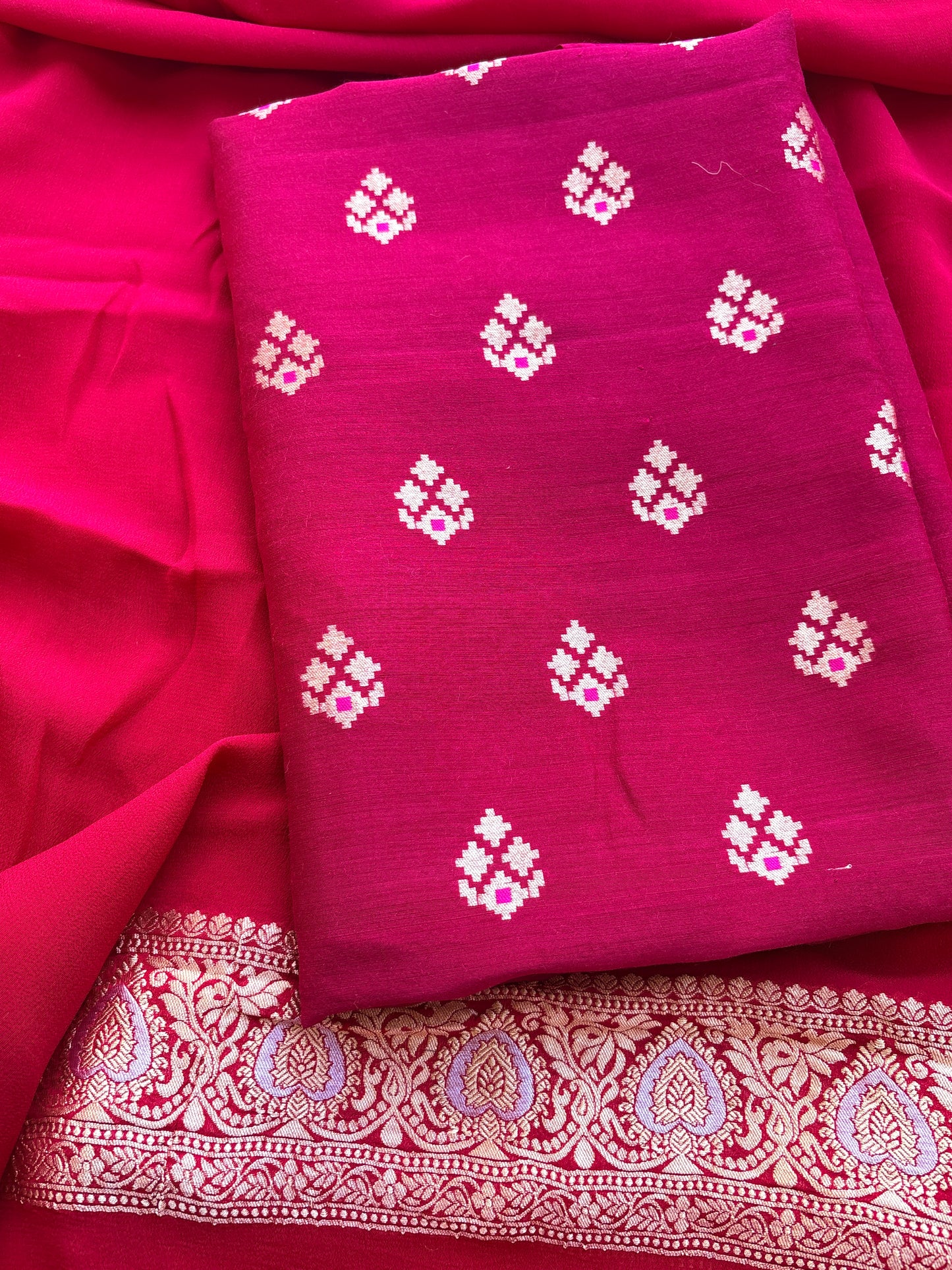 Pink moonga silk suit with Khaddi georgette kadhwa dupatta