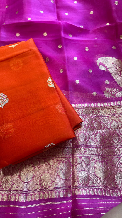 Orange kora silk kurta, magenta kora dupatta, plain bottom