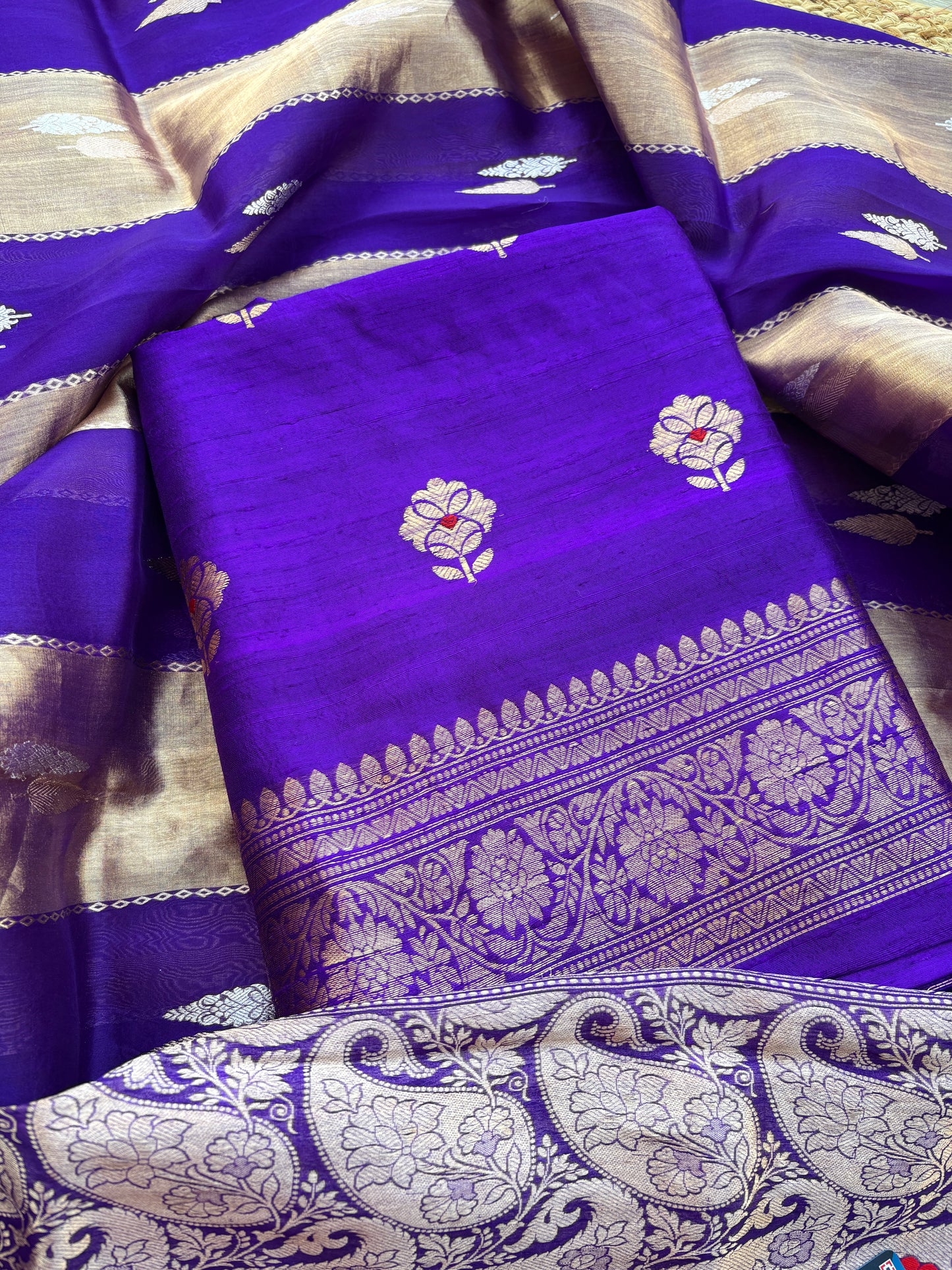 Purple raw silk kurta, bottom and kora tissue dupatta