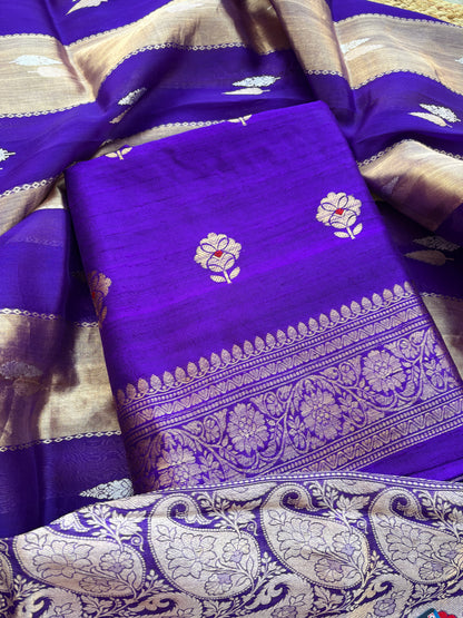 Purple raw silk kurta, bottom and kora tissue dupatta