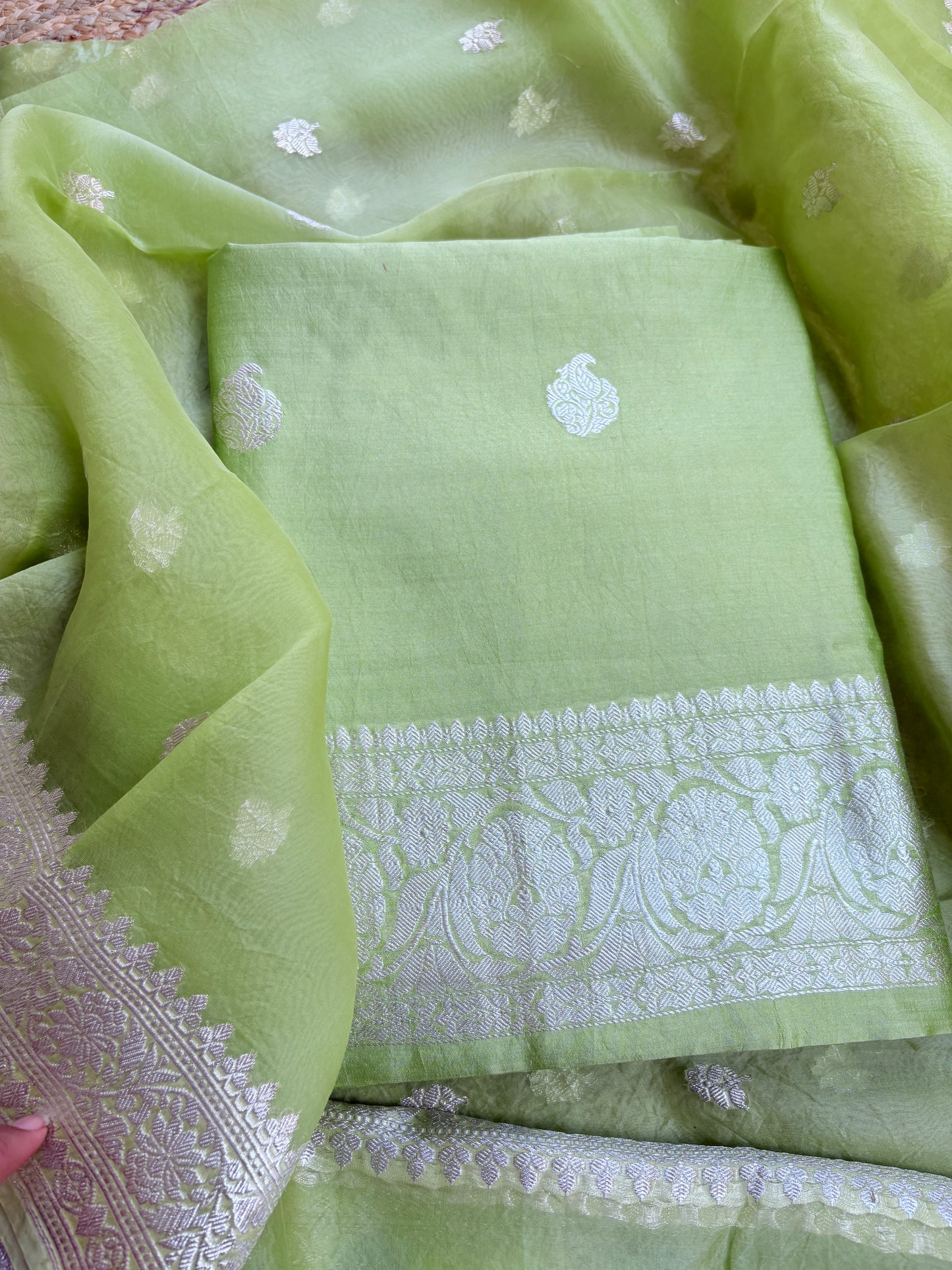 Lime green Chiniya kora silver zari suit set