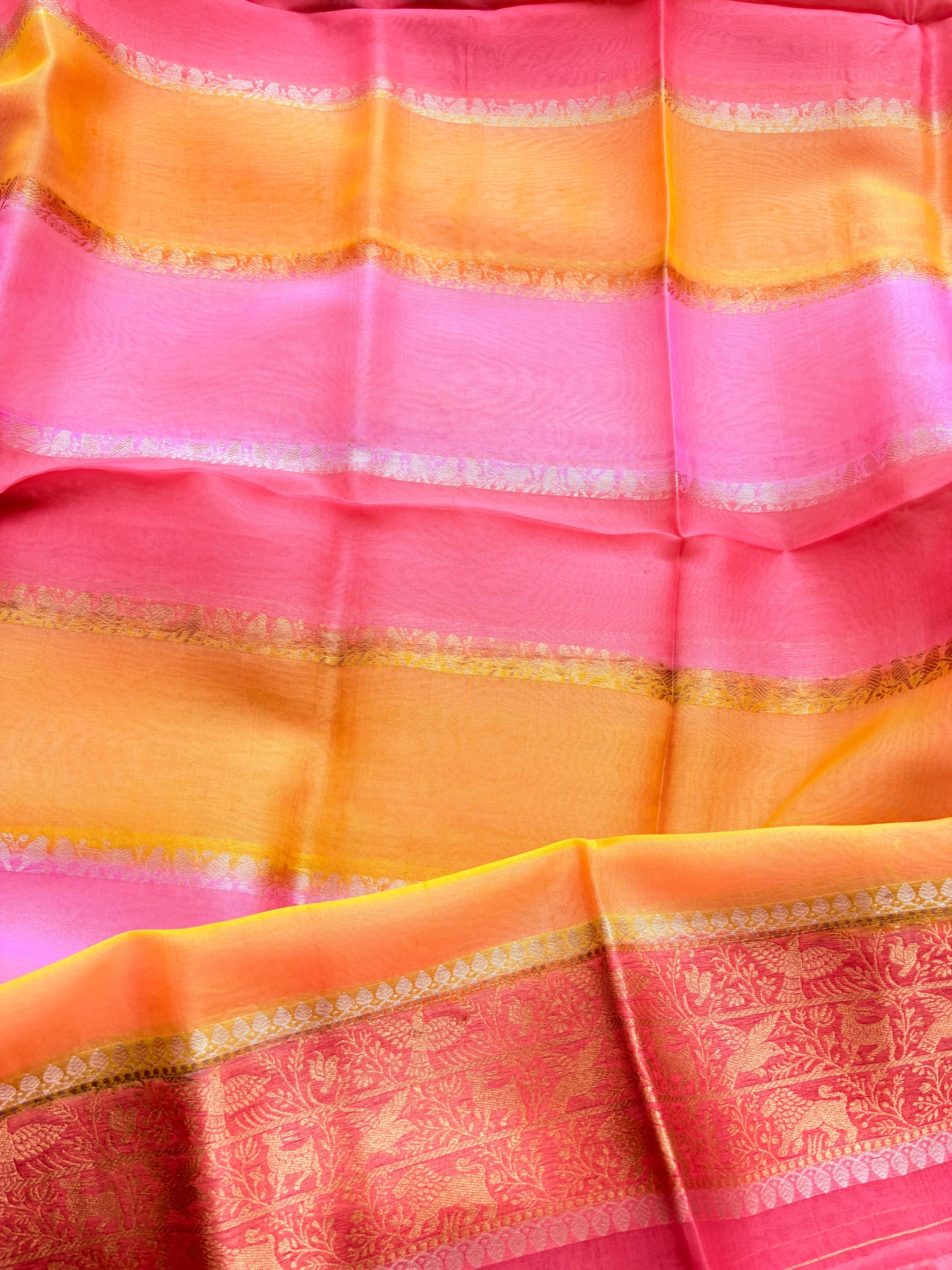 Peach pink Kora silk suit with Kora silk shaded dupatta