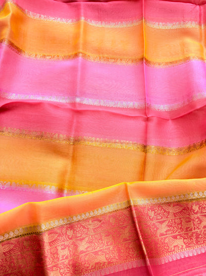 Peach pink Kora silk suit with Kora silk shaded dupatta