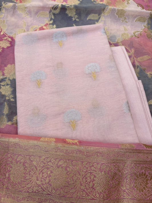 Pink Chanderi cotton kurta with rangkat dupatta, plain bottom