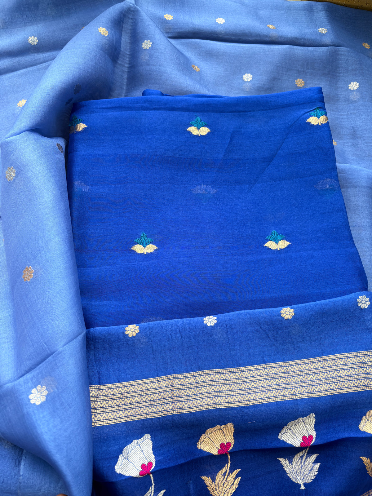 Blue kora silk suit with kadhwa dupatta