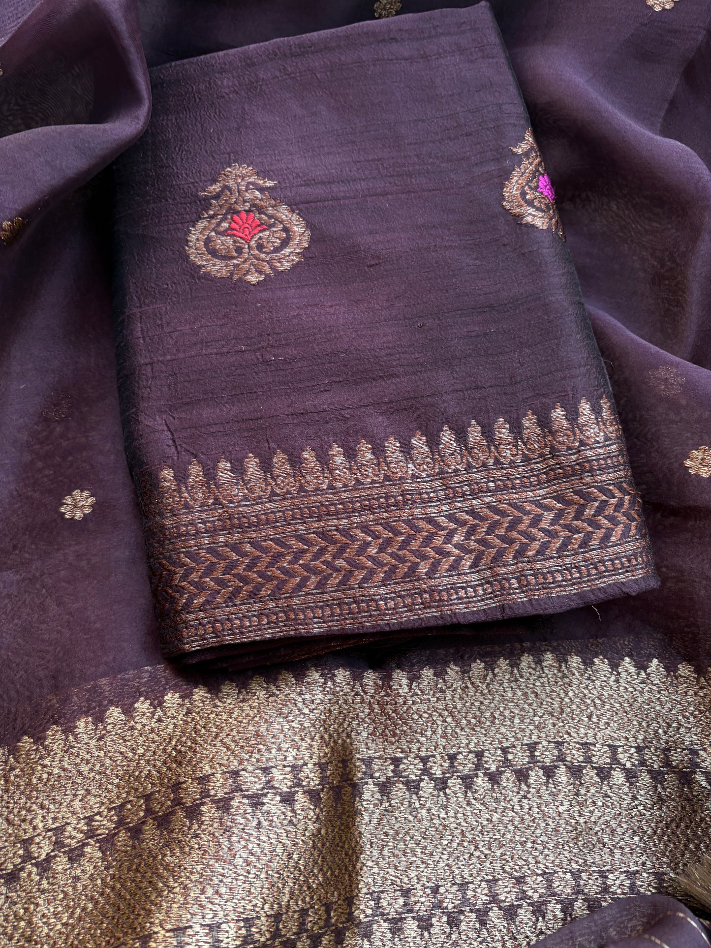 Wine raw silk kadhwa suit set