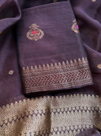 Wine raw silk kadhwa suit set