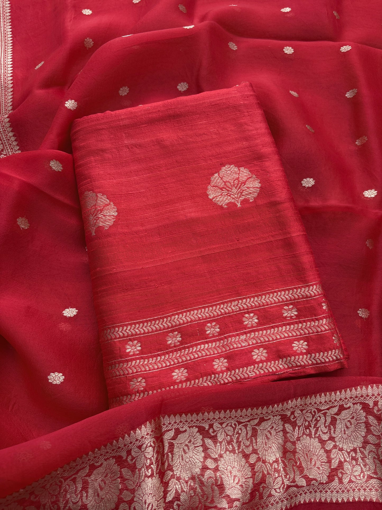 Red raw silk kadhwa suit set