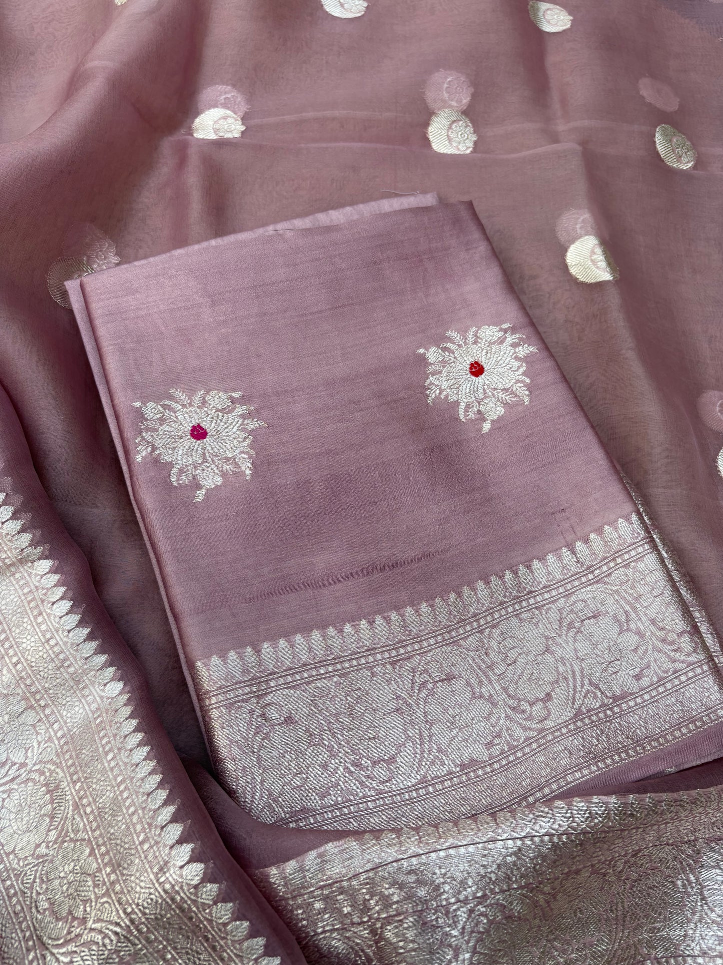 Lavender Chiniya kora silver zari 3 piece suit set