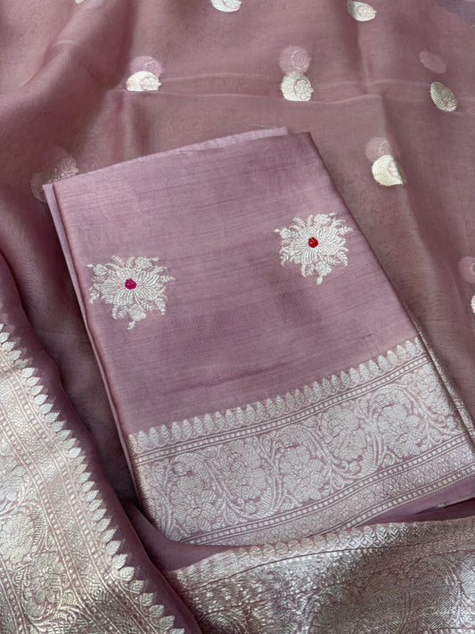 Lavender Chiniya kora silver zari 3 piece suit set