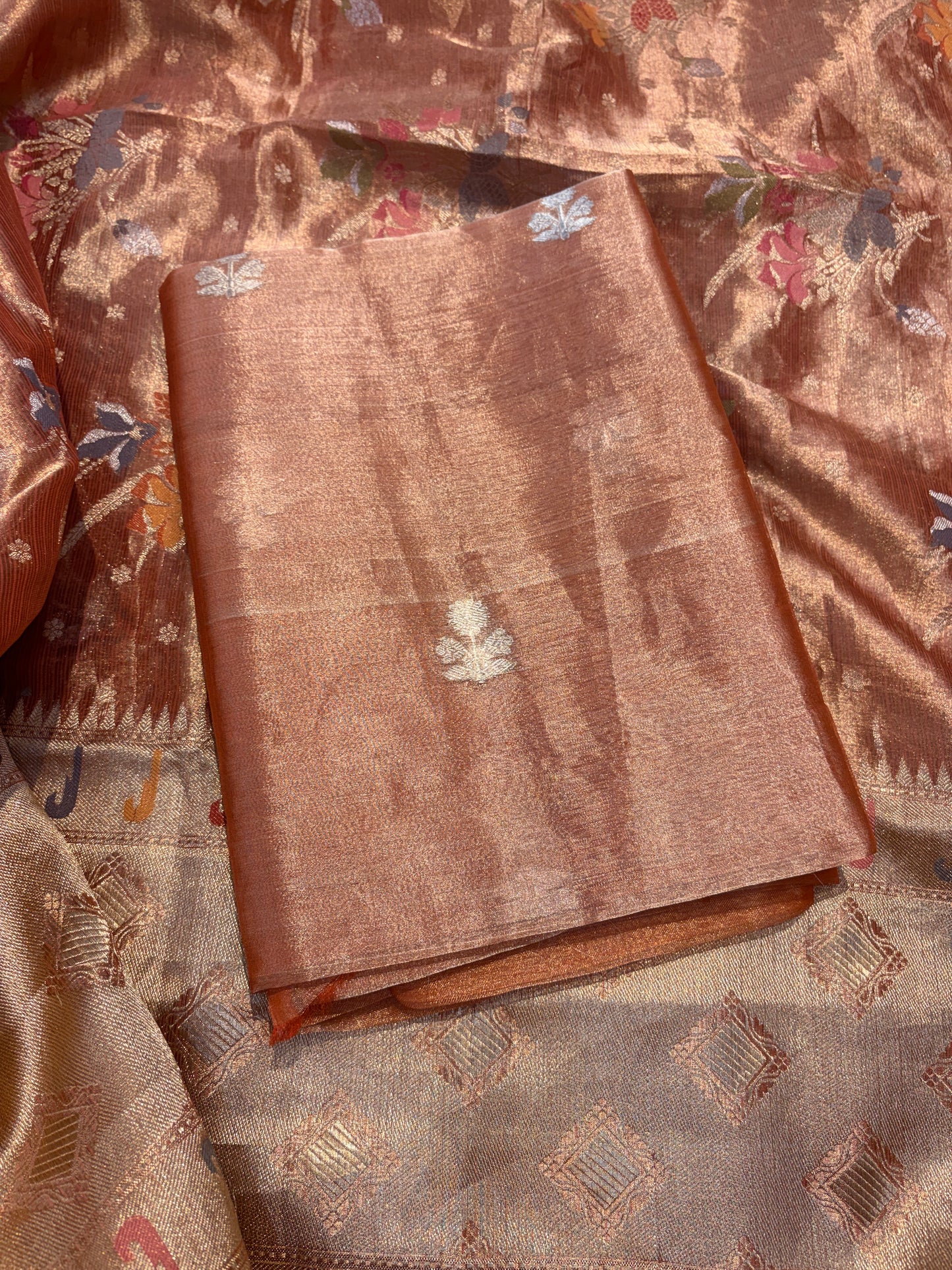 Orange rust tissue kadhwa suit with jaal dupatta