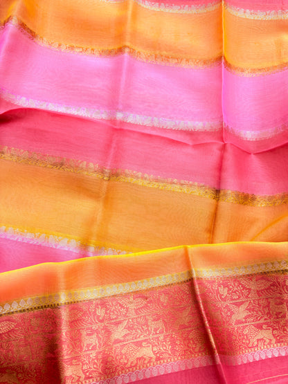 Peach pink Kora silk suit with Kora silk shaded dupatta