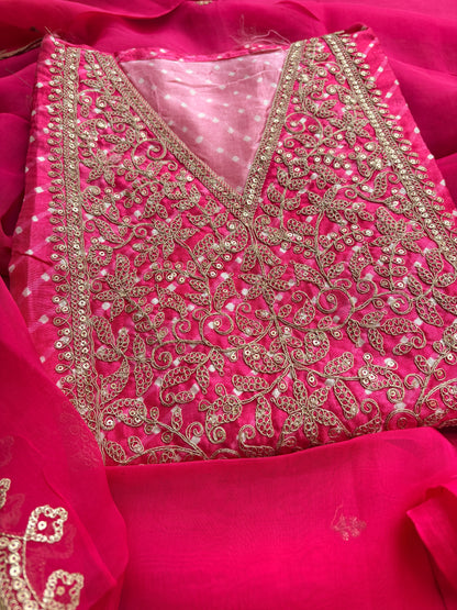 Pink hand embroidered bandhani suit set