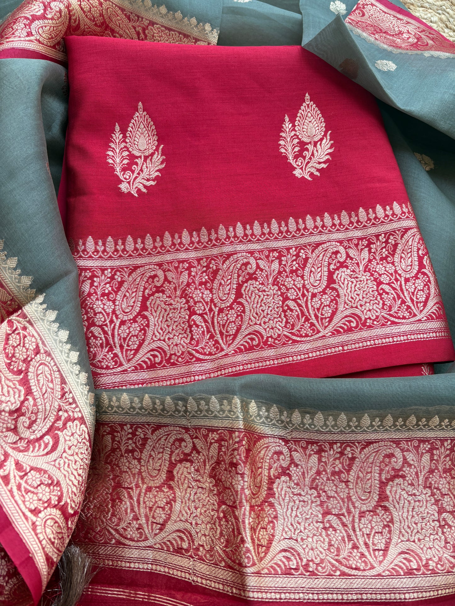 Red Chiniya silk suit with shaded dupatta