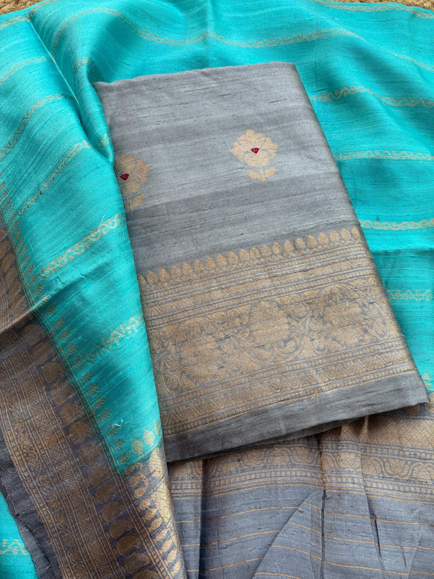 Grey blue tussar kadhwa suit set