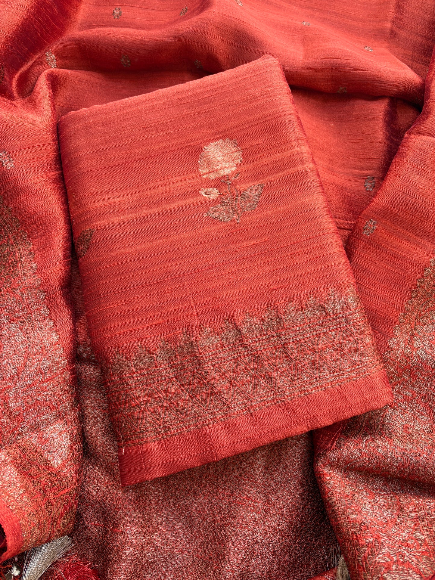 Rust raw silk tussar kadhwa suit set